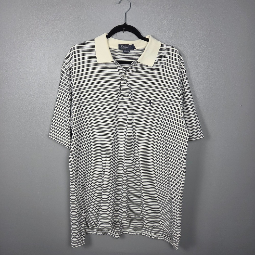 Polo Ralph Lauren Men's XL Vintage Polo Shirt Striped Cotton Navy Cream 90s